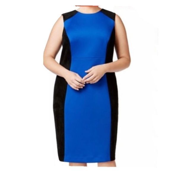 Calvin Klein Blue Scuba Black Faux Suede Colorblock Sleeveless Sheath Dress Sz 6